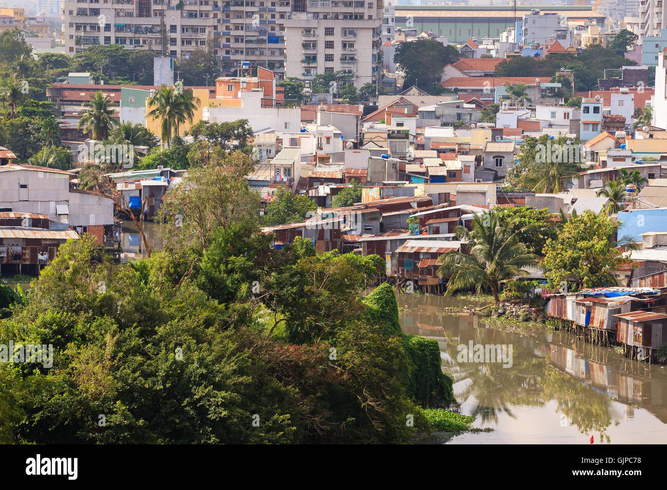 Colorful squatter shacks and houses in a Slum Urban Area in Saigon