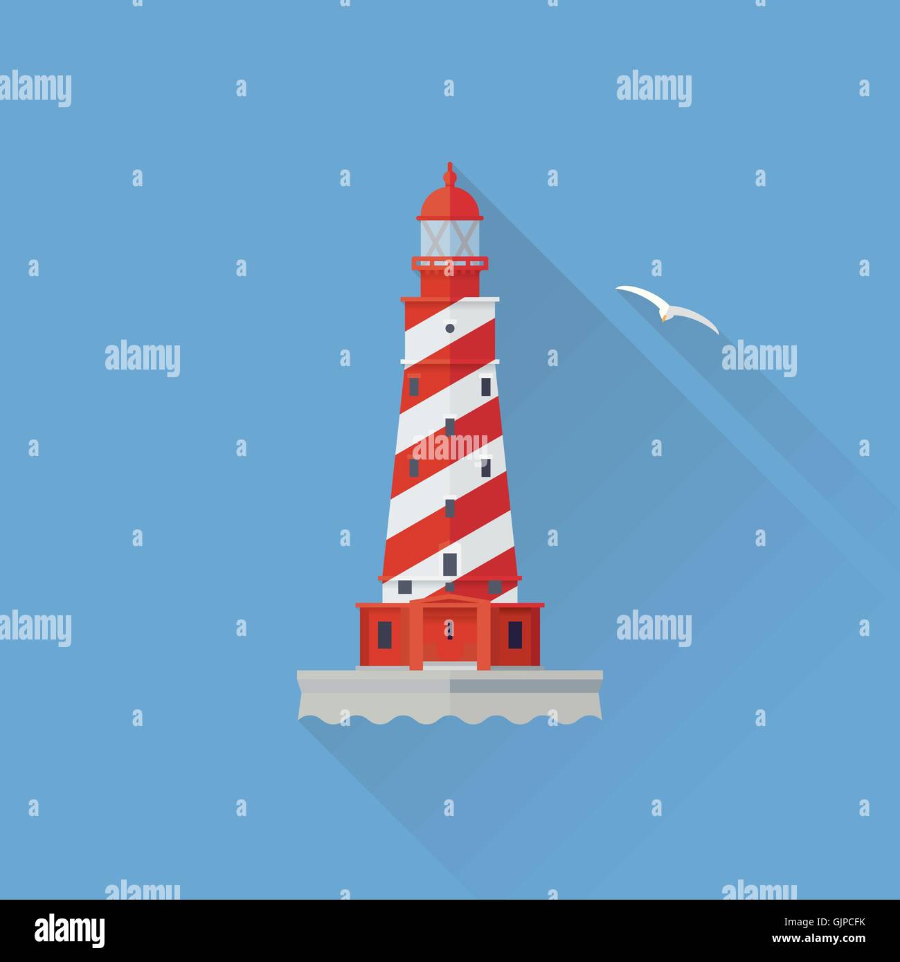 White Shoal lighthouse flat design long shadow icon on blue background with seagull Stock Vector