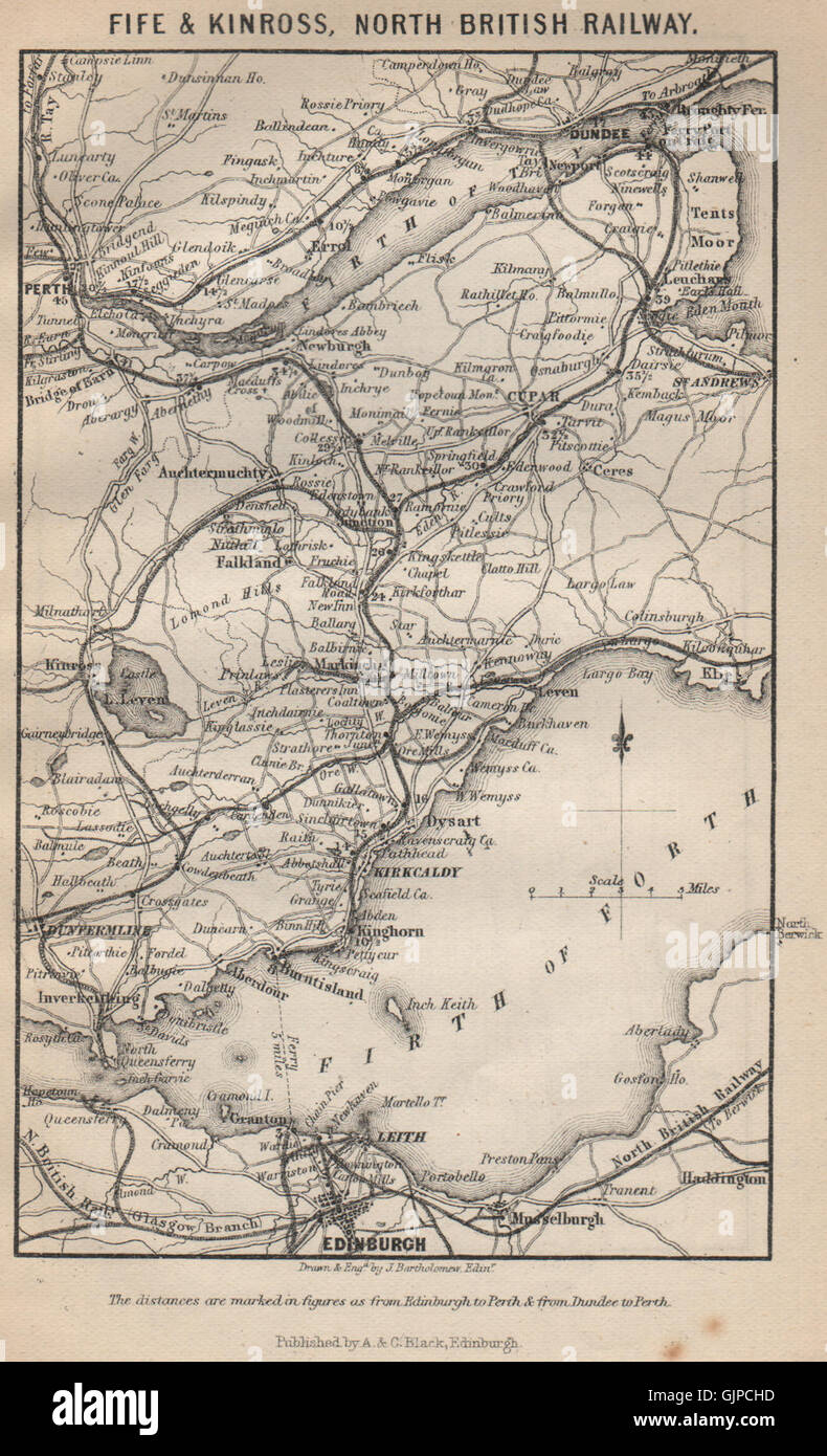 NORTH BRITISH RAILWAY. Fife & Kinross. Perth Edinburgh Dundee. Scotland 1886 map Stock Photo