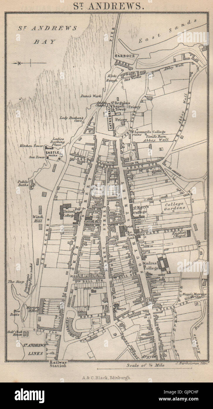 ST ANDREWS antique town plan. Fife. Scotland, 1886 antique map Stock Photo