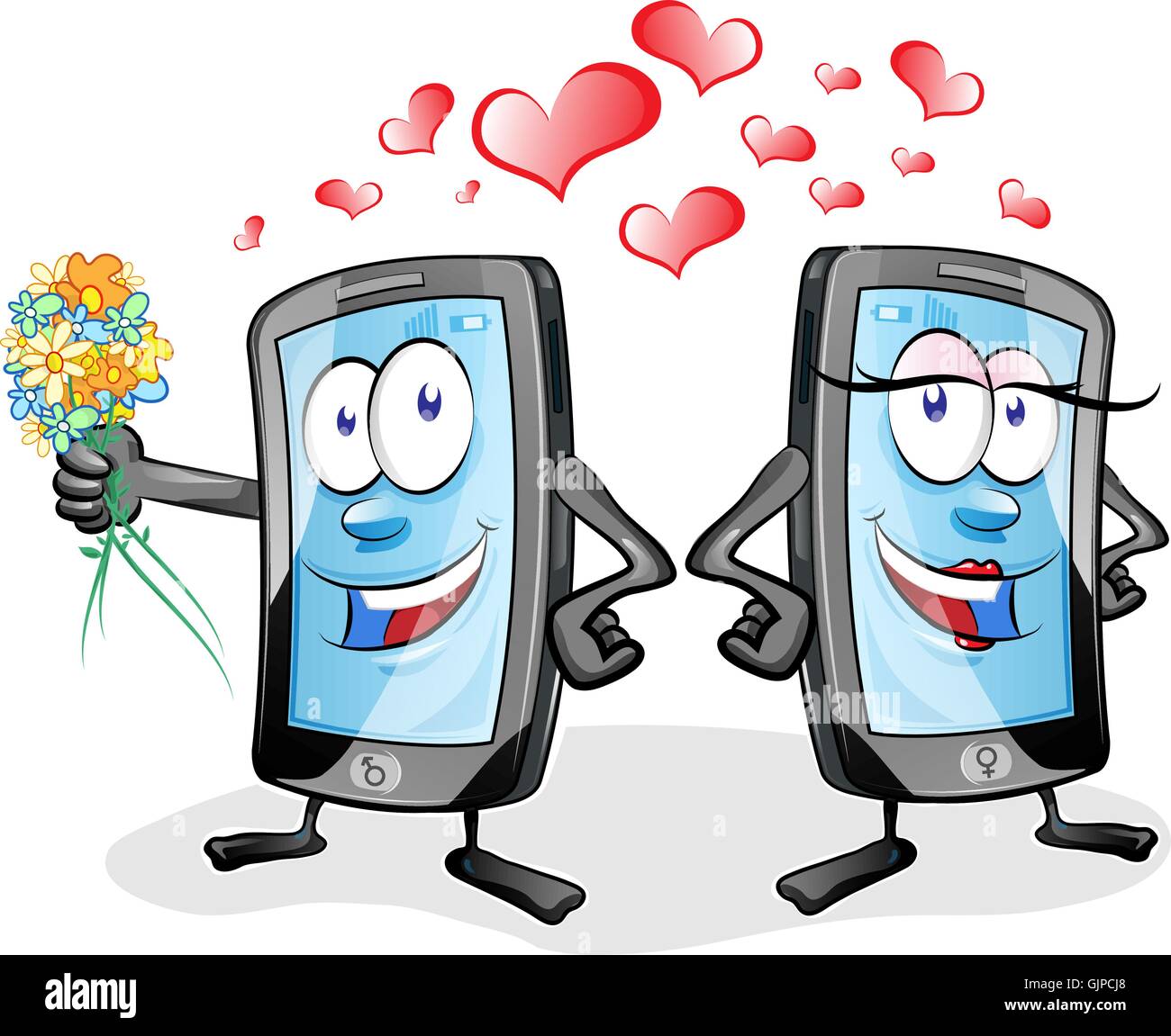 two fun mobile cartoon in love on white background Stock Vector