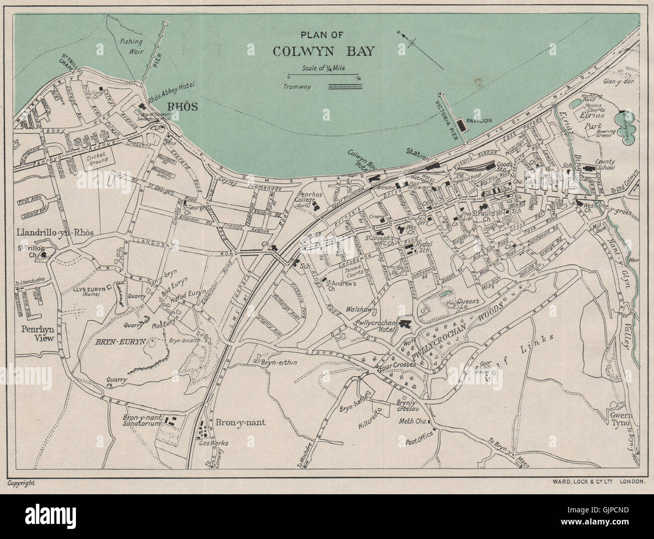COLWYN BAY vintage town/city plan. Wales. WARD LOCK, 1937 vintage map