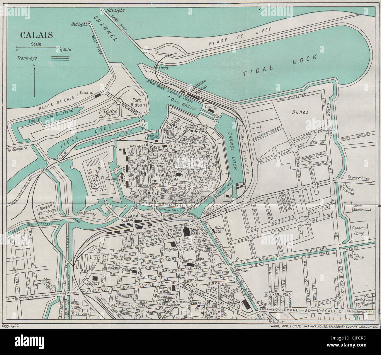 CALAIS vintage town/city plan. Pas-de-Calais. WARD LOCK, 1938 vintage map Stock Photo