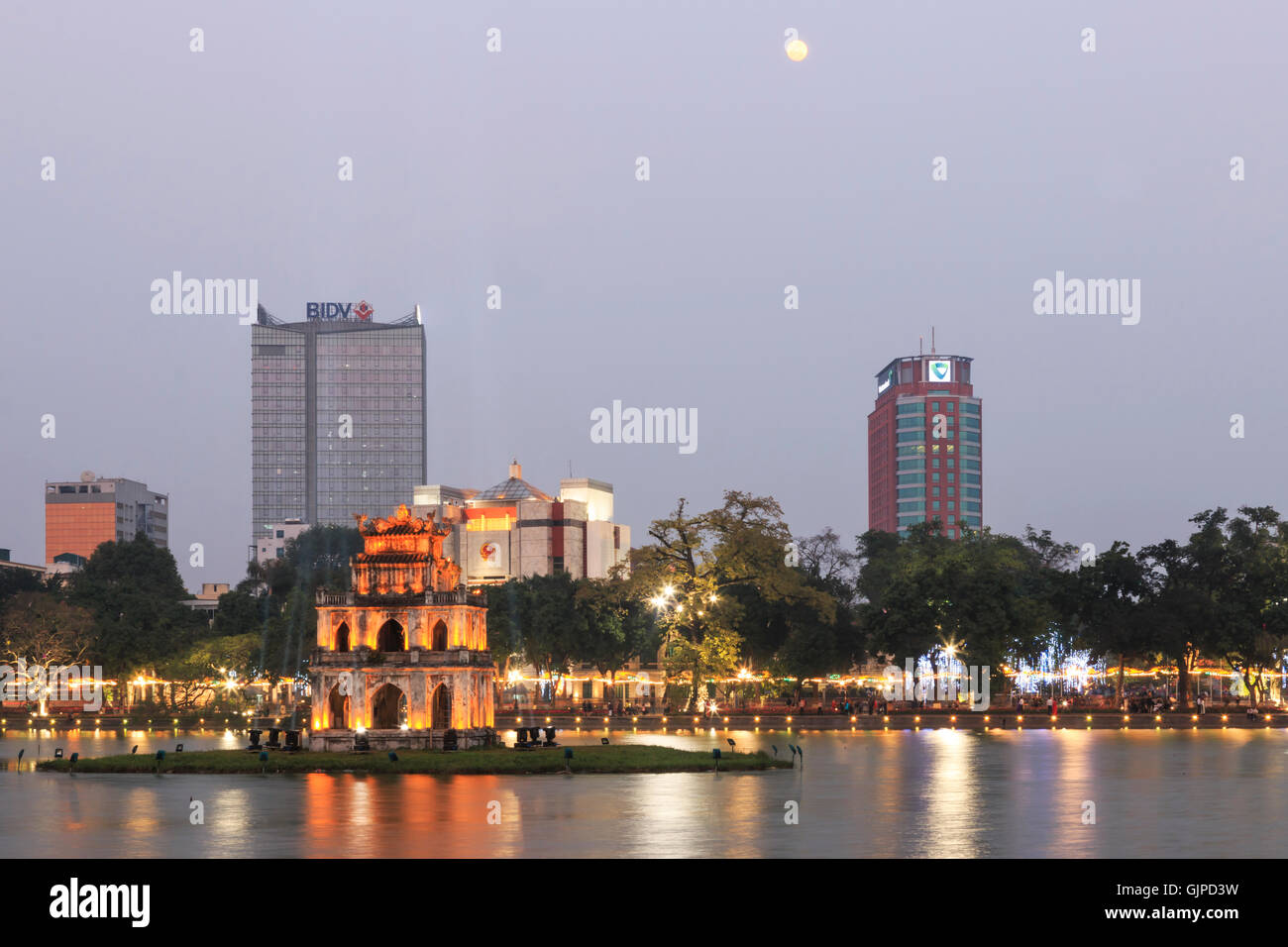 Hanoi, Vietnam - February 21, 2016: Turtle Tower at night on Hoan Kiem Lake in Vietnam Stock Photo