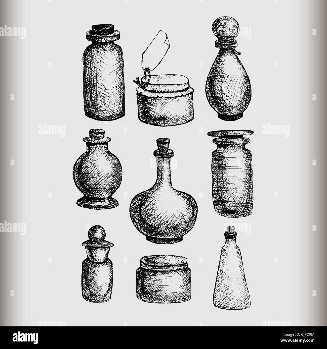 Hand drawn isolated vintage glass jars and bottles set. Containers for