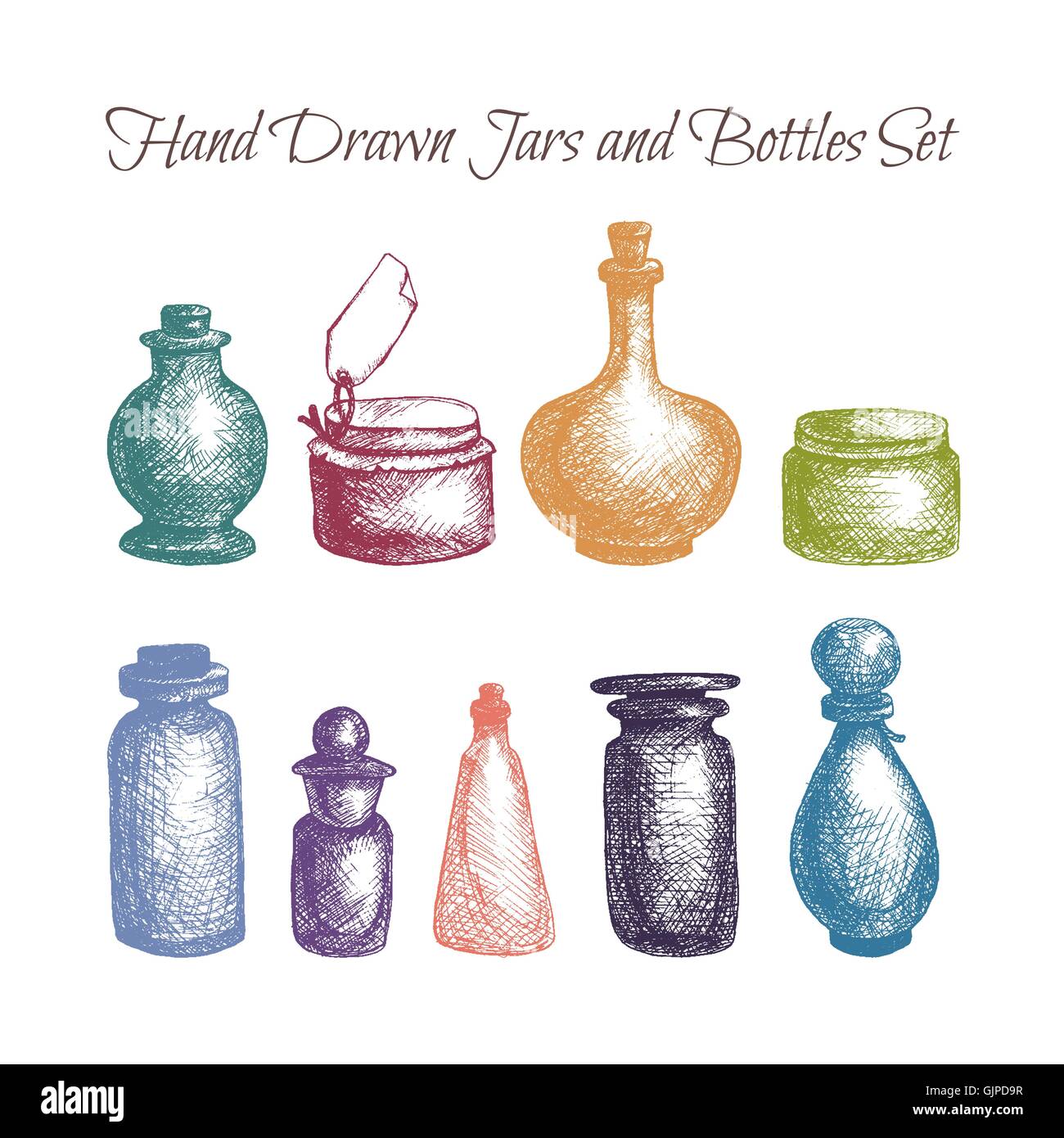 Hand drawn isolated vintage glass jars and bottles set. Containers for
