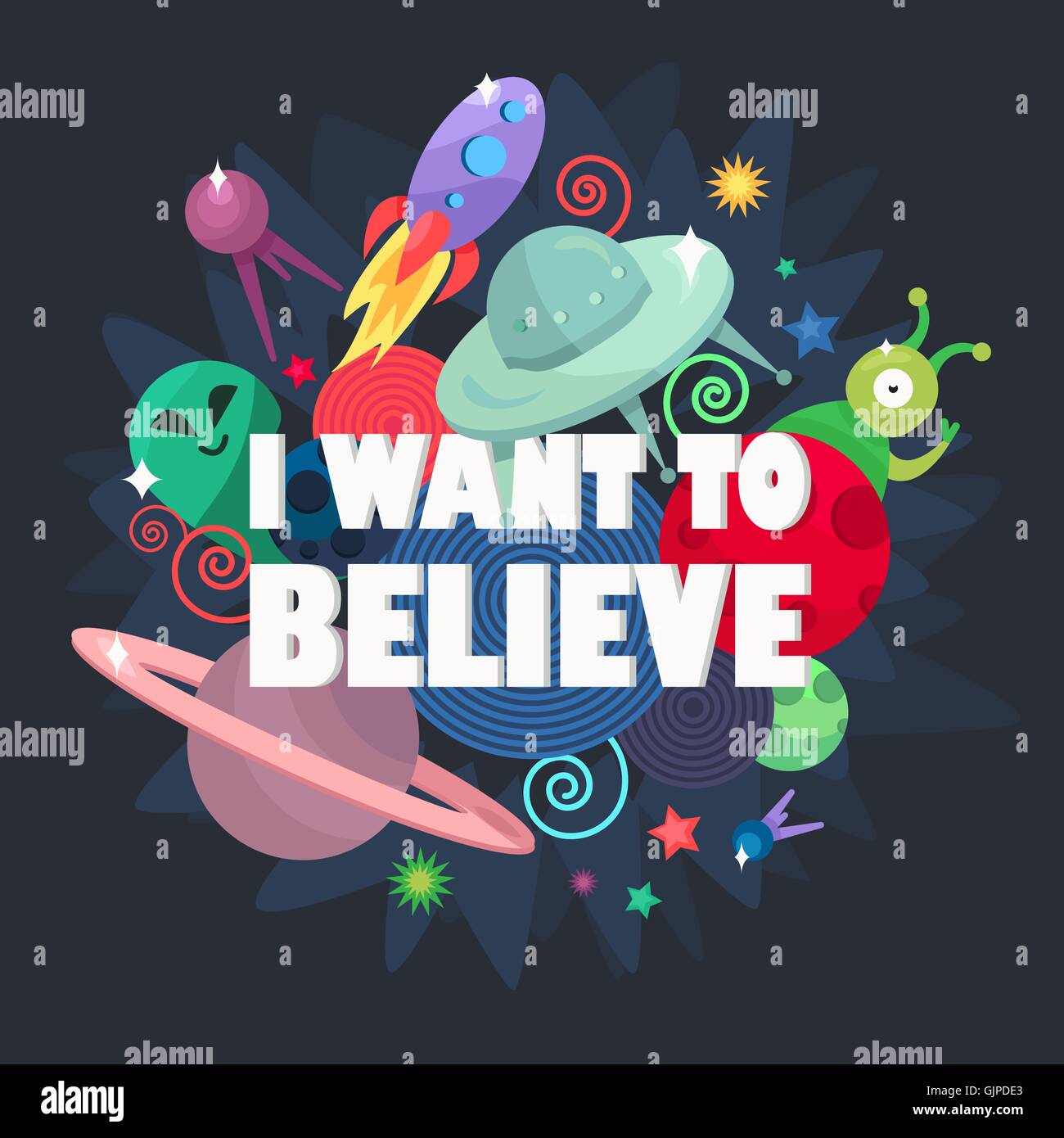 Cosmos and UFO concept. I want to believe. Spaceship,  satellites, planet and alien, extraterrestrial, stars and universe. Vecto Stock Vector