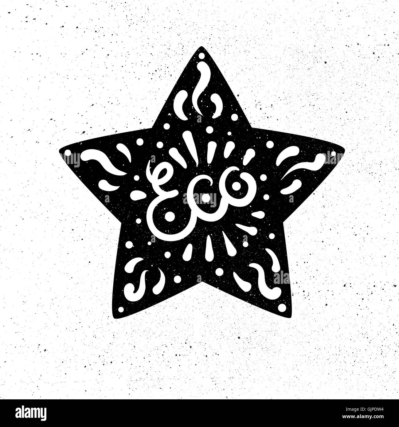 Hand drawn ecology and 100 percents natural lettering in star. Isolated grunge sticker or nature icon of quality for banner, web Stock Vector