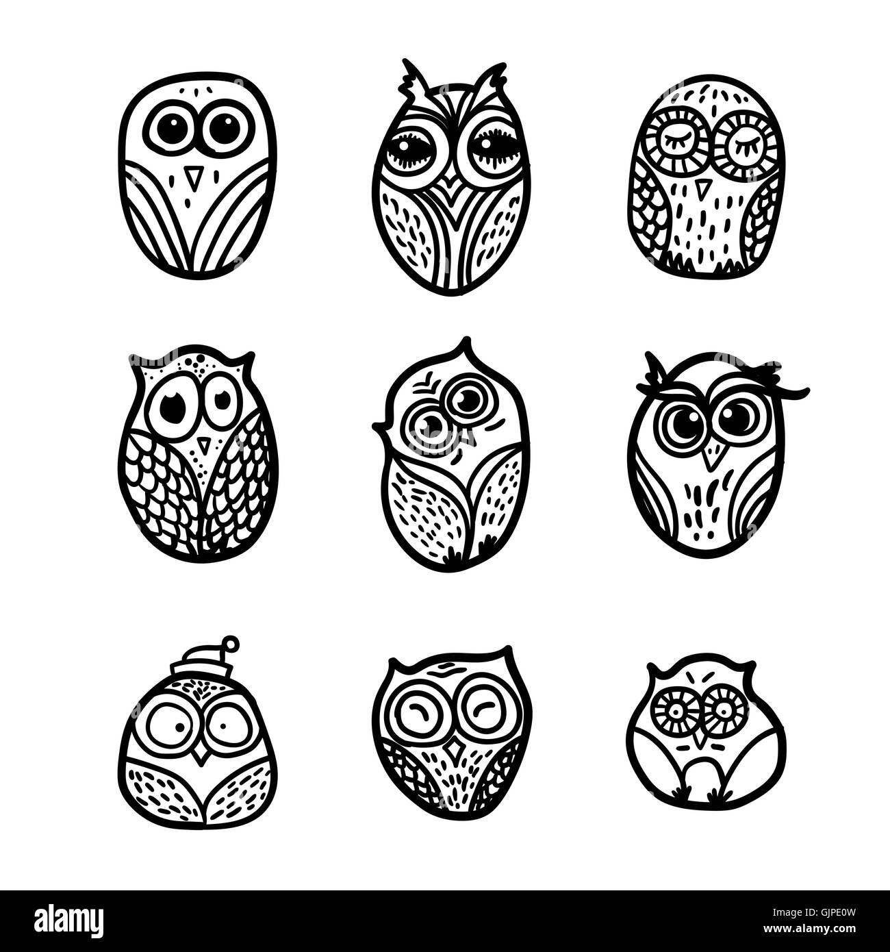 Hand Drawn Funny Owl Owls Set For Print Fabric Wrap And Stock
