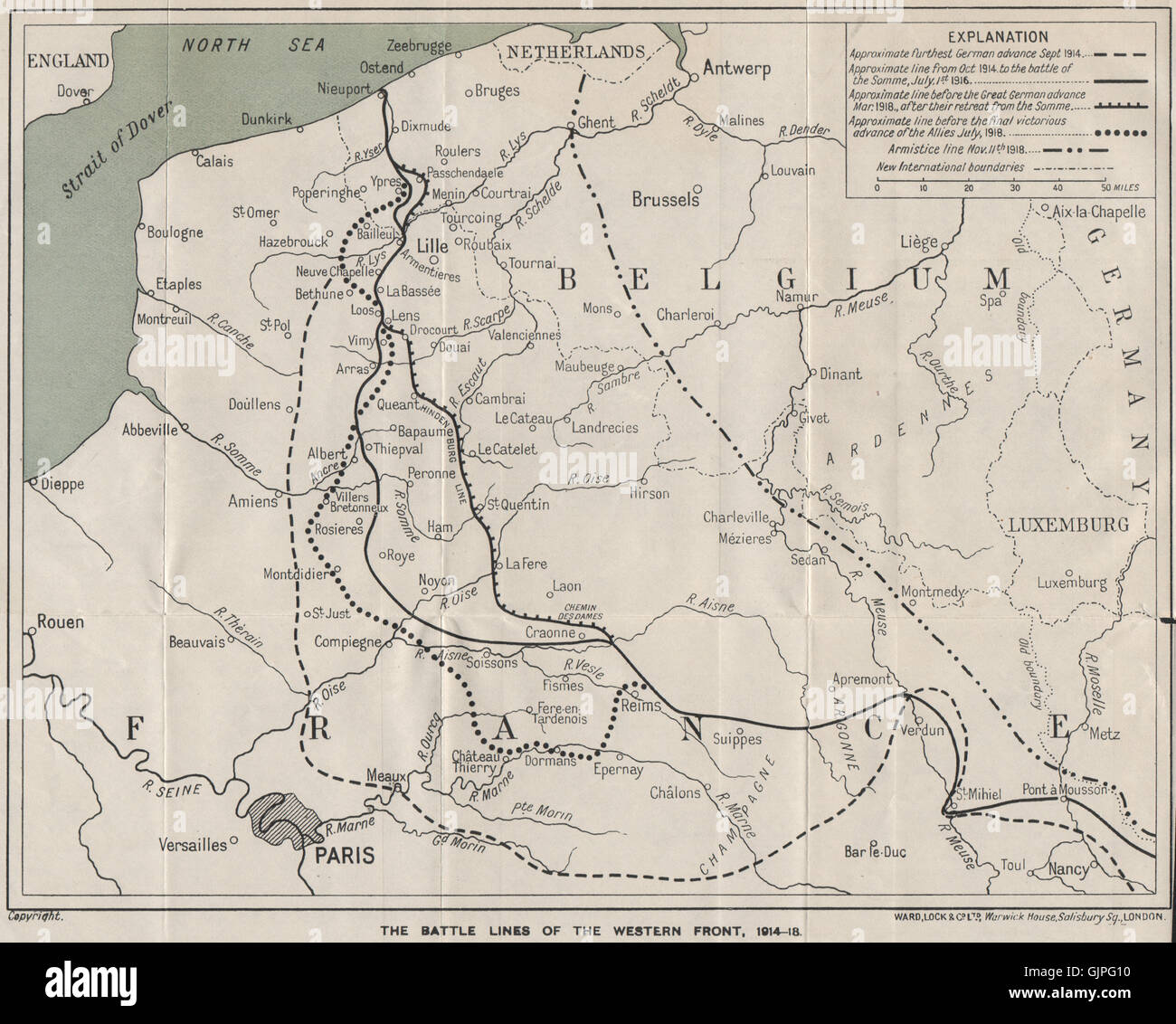 WESTERN FRONT Battle lines 1914-18. Armistice line. Somme. WARD LOCK, 1926 map Stock Photo