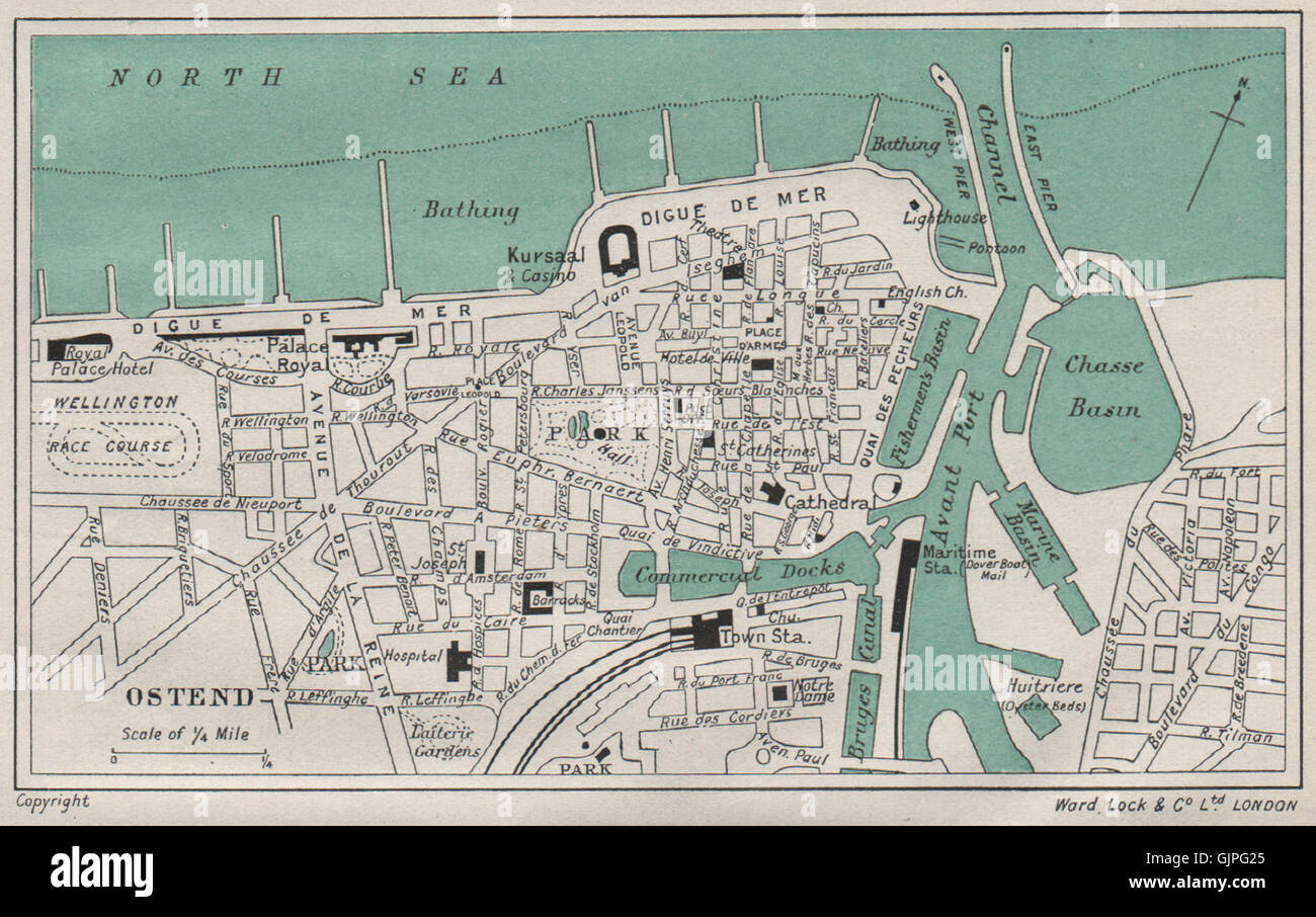 OSTEND vintage town/city plan. Belgium. WARD LOCK, 1926 vintage map ...