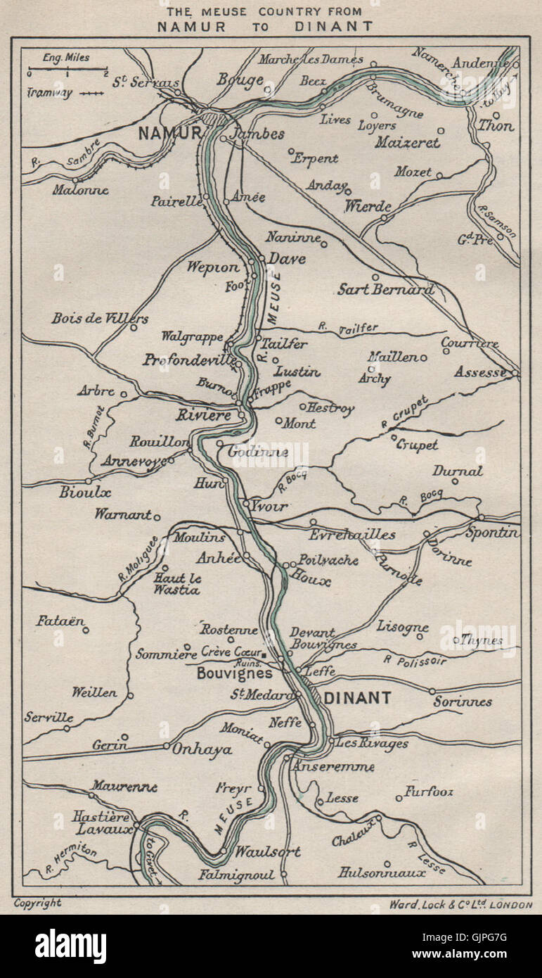 MEUSE River valley from NAMUR to DINANT. Belgium. WARD LOCK, 1926 vintage map Stock Photo