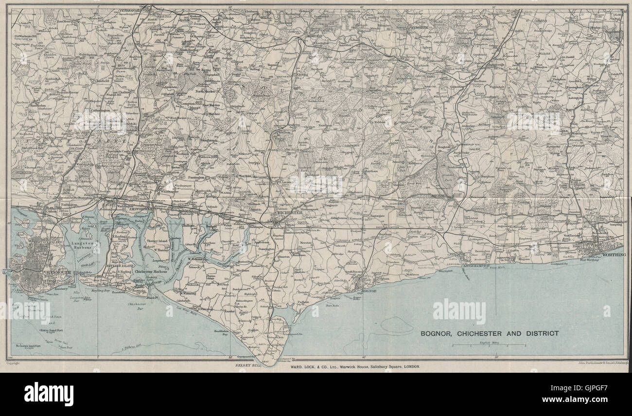 WEST SUSSEX COAST. South Downs. Bognor Worthing Chichester Portsmouth, 1928 map Stock Photo