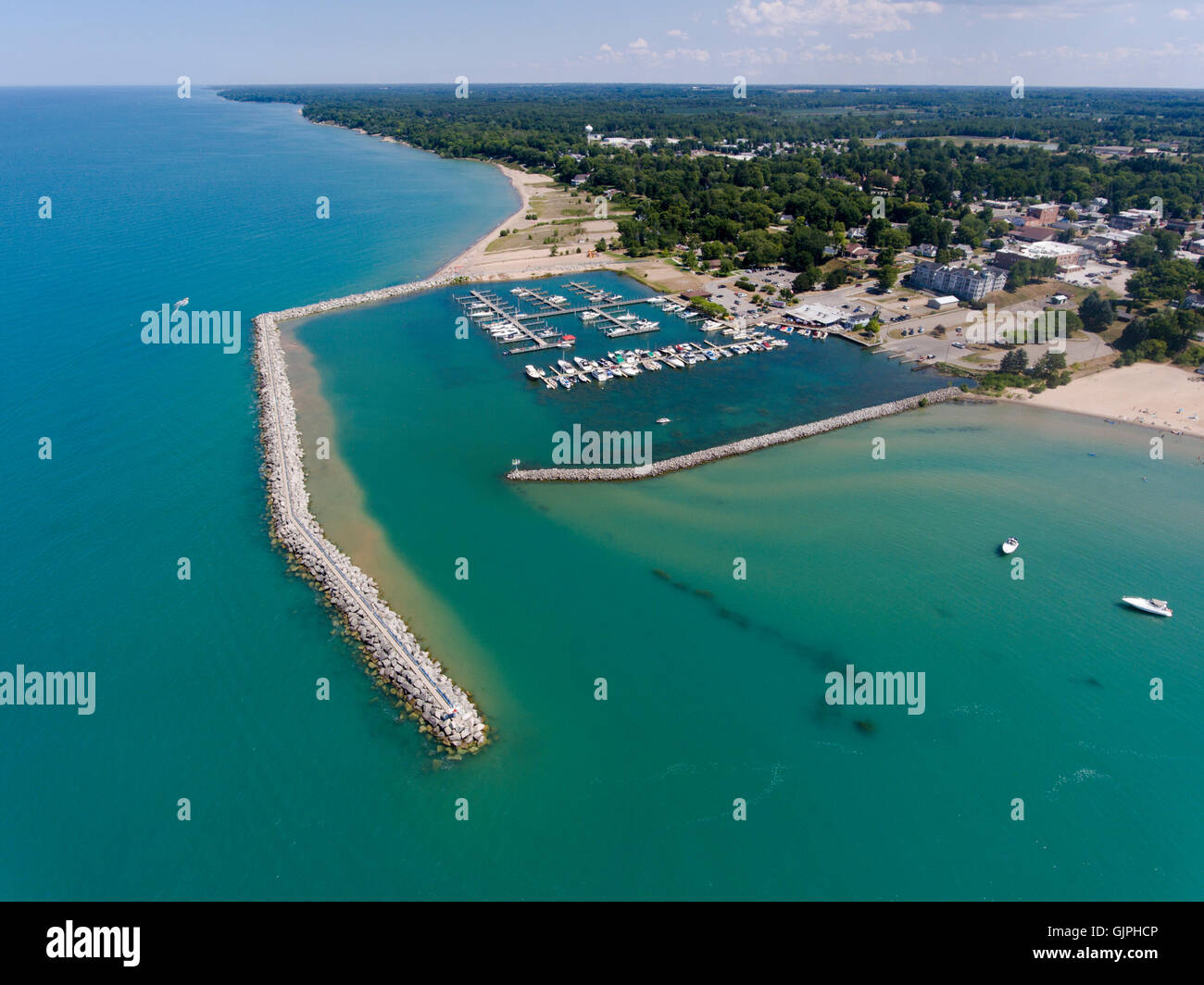 Aerial view of Small town man made harbor on Lake Huron at Lexington Michigan on Lake Huron Stock Photo