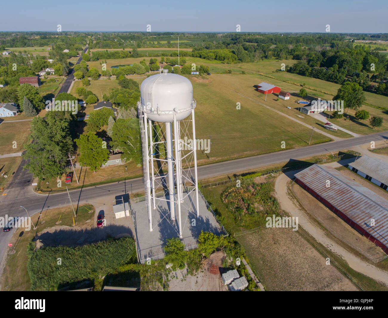 Aerial view of a Water holding tank for a small city of Croswell