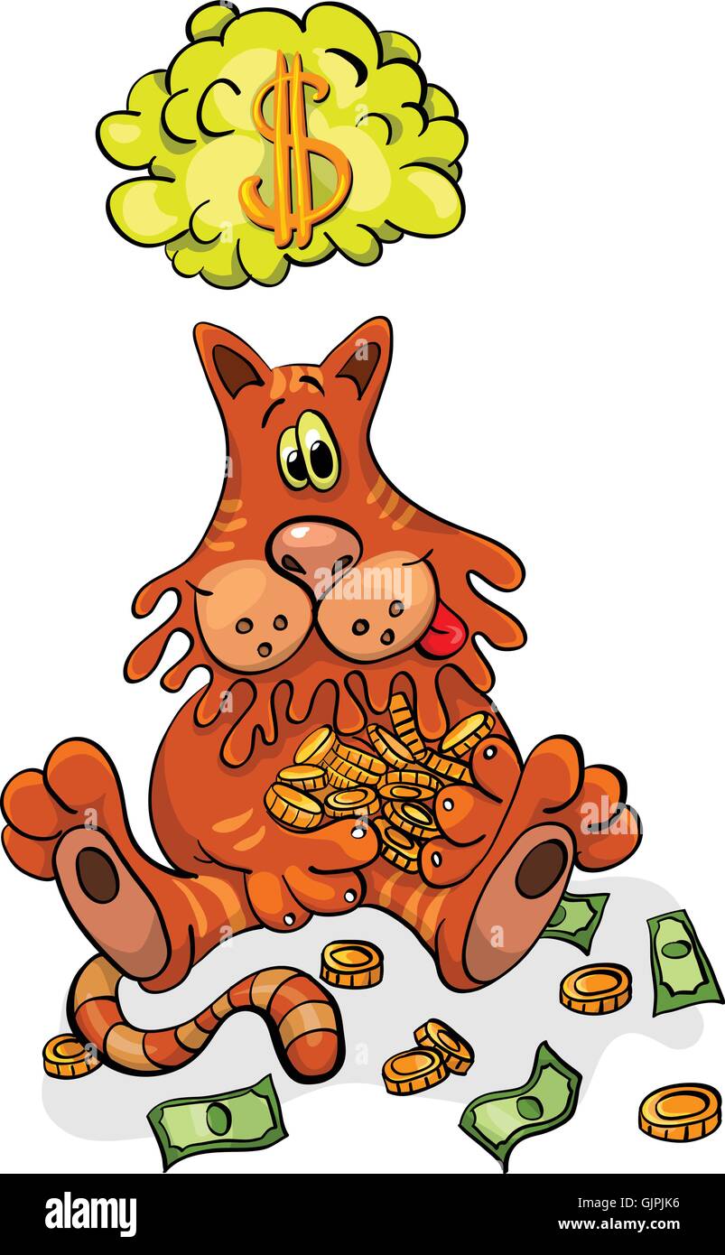 Cartoon Character Happy Cat Keeps Money. Vector illustration Stock