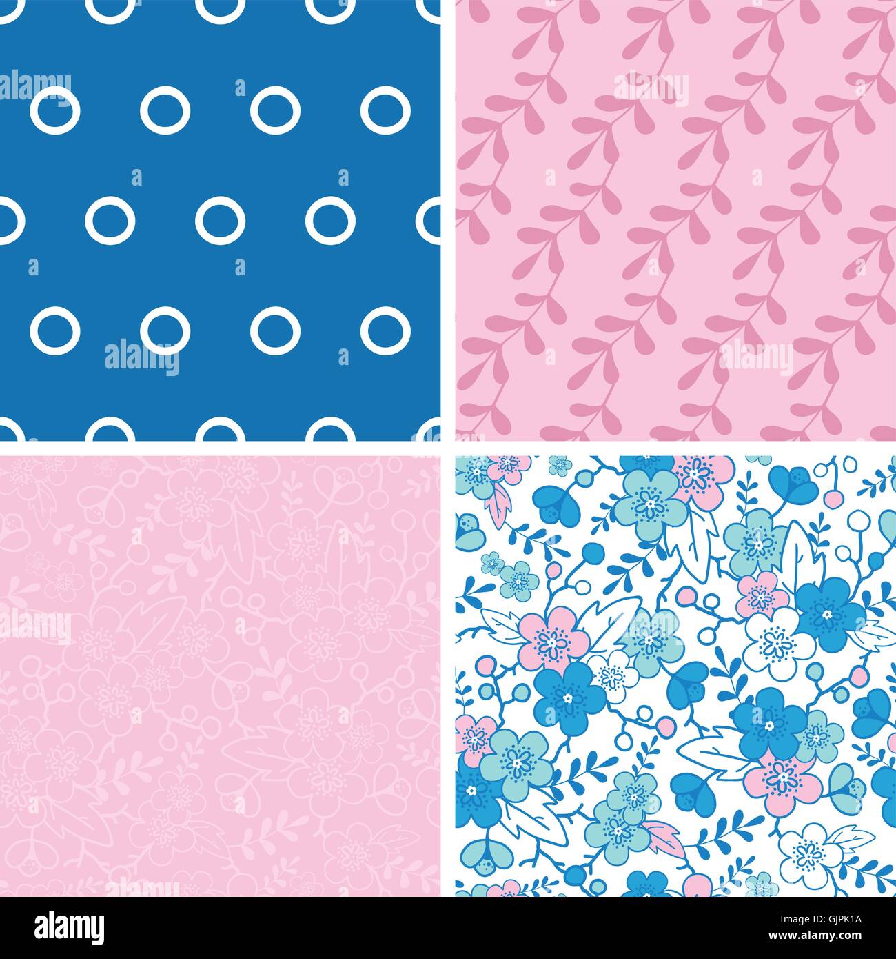 Vector Blue and Pink Kimono Blossoms Set of Four Marching Repeat Stock Vector
