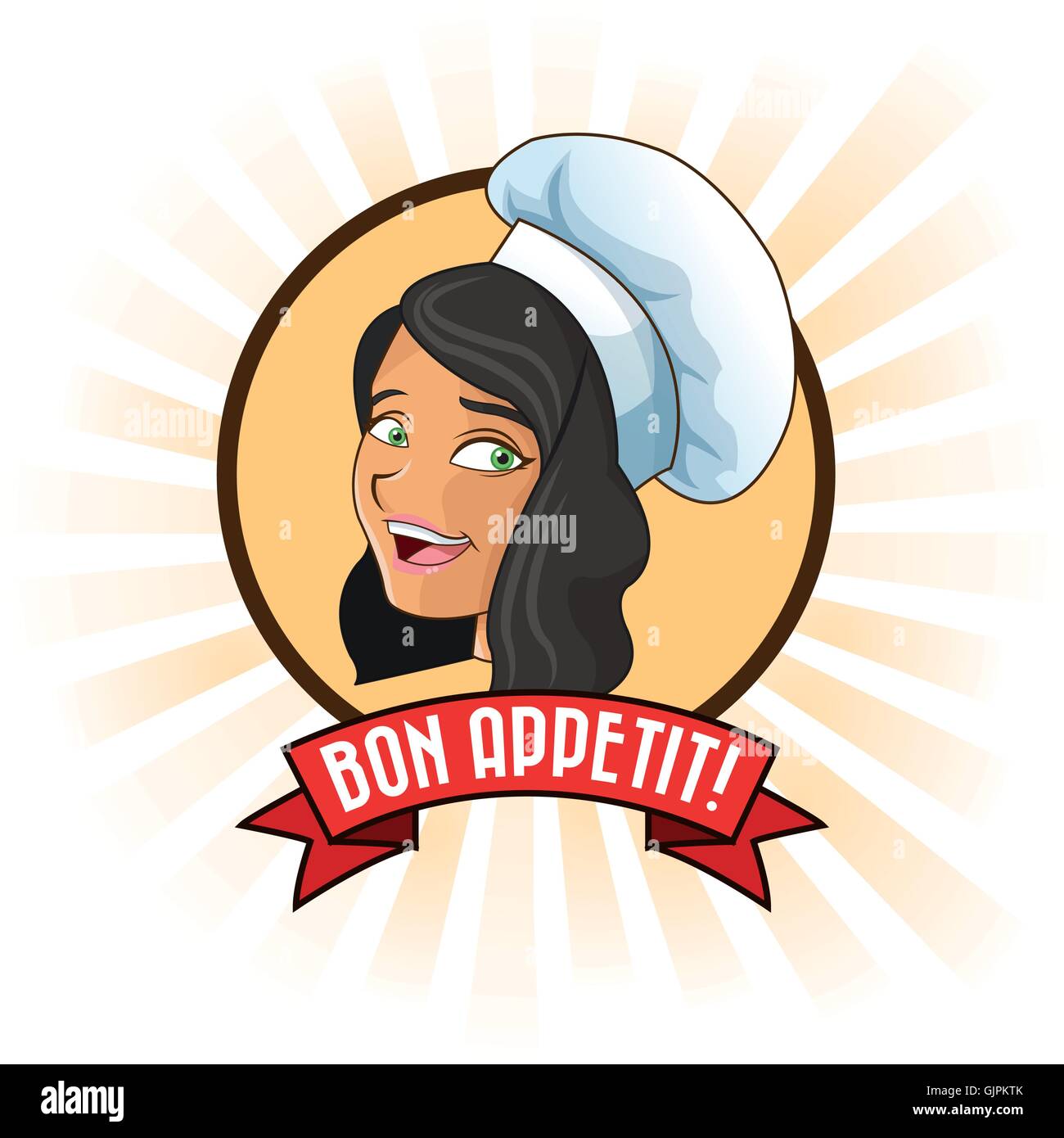 Beautiful girl chef cook holds a dish in her hands.Cooking concept.Cooking  logo.Vector illustration. Stock Vector