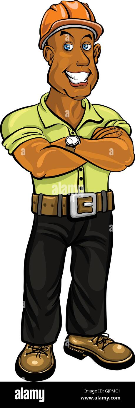 Builder man with snow-white smile standing with hands clasped, vector illustration Stock Vector