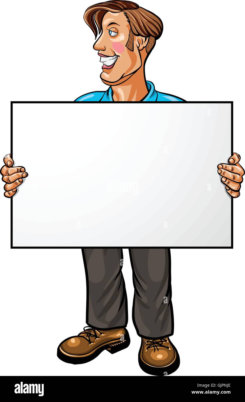 Smiling businessman holding a white blank banner. Vector illustration Stock Vector