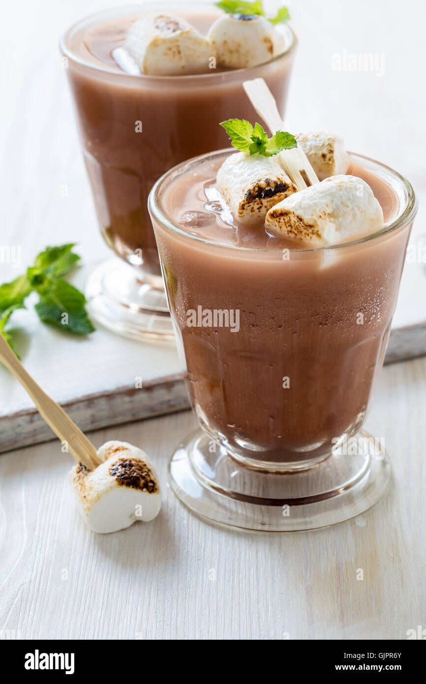 Homemade chocolate egg cream, beverage with milk, soda water and chocolate syrup with toasted