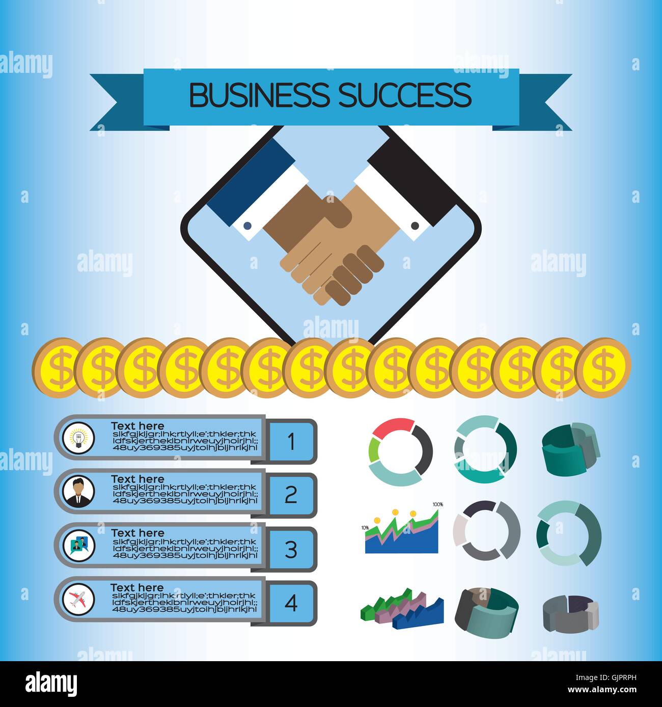 Business success infographic with icons, shaking hands, money and ...