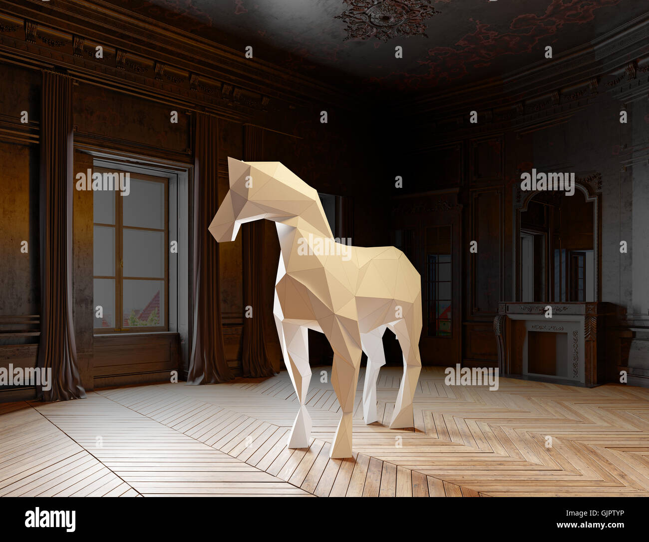lowpoly style horse in the luxury interior. 3d rendering concept Stock