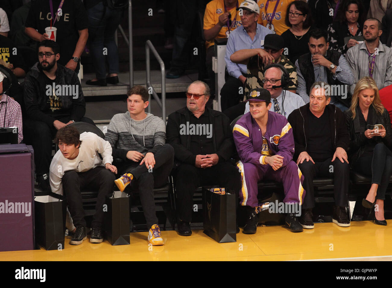 Celebrities at the Los Angeles Lakers game. The Los Angeles Lakers defeated the Utah Jazz by the final score of 101-96 in Lakers Kobe Bryant's last NBA game at Staples Center.  Featuring: Jack Nicholson, Raymond Nicholson Where: Los Angeles, California, U Stock Photo
