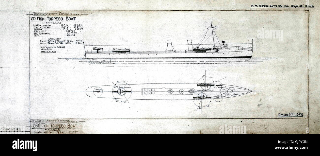 AJAX NEWS & FEATURE SERVICE - TORPEDO BOAT DESIGN NR.11396 - THORNYCROFT DRAWINGS FOR A 200 TON 26 KNOT TORPEDO BOAT H.M. PENDANT NUMBERS 109-113. PHOTO:AJAX NEWS & FEATURE SERVICE/VT COLLECTION REF:91607 2772 Stock Photo