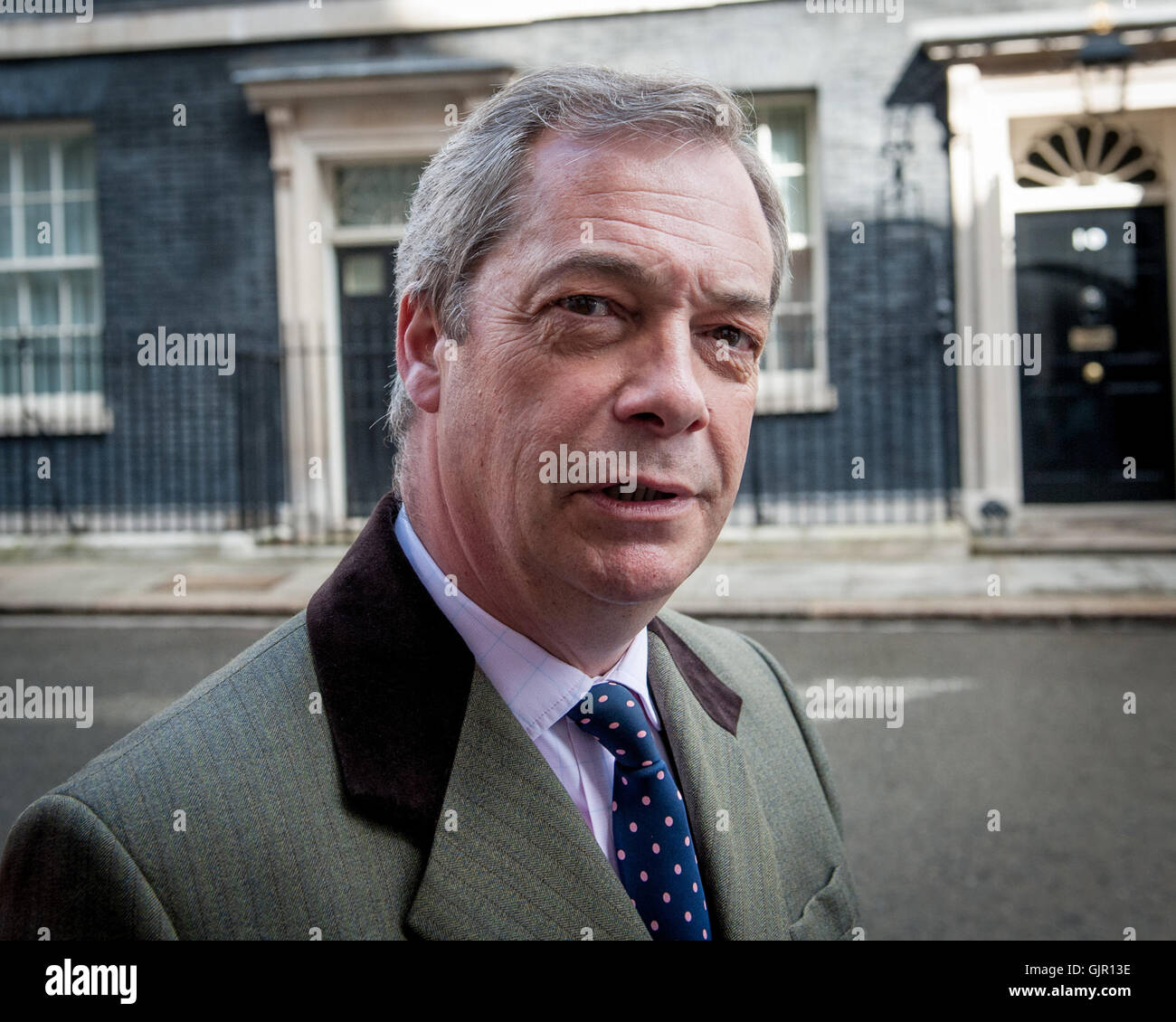 Nigel Farage, Leader of the UK Independence Party (UKIP) is joined by the Party’s Home Affairs Spokesperson, Diane James MEP and their London Mayoral Candidate, Peter Whittle in Downing Street to hand deliver a letter of protest about recent pro-EU Govern Stock Photo