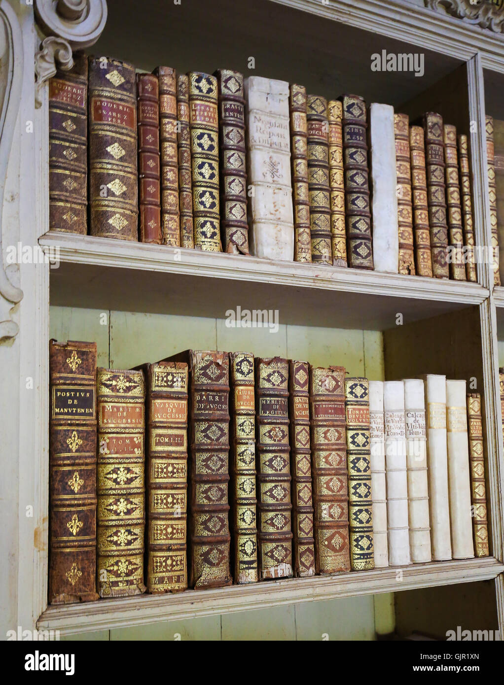 MAFRA, PORTUGAL - JULY 17, 2016: Old books in the library of Mafra Palace, Portugal Stock Photo