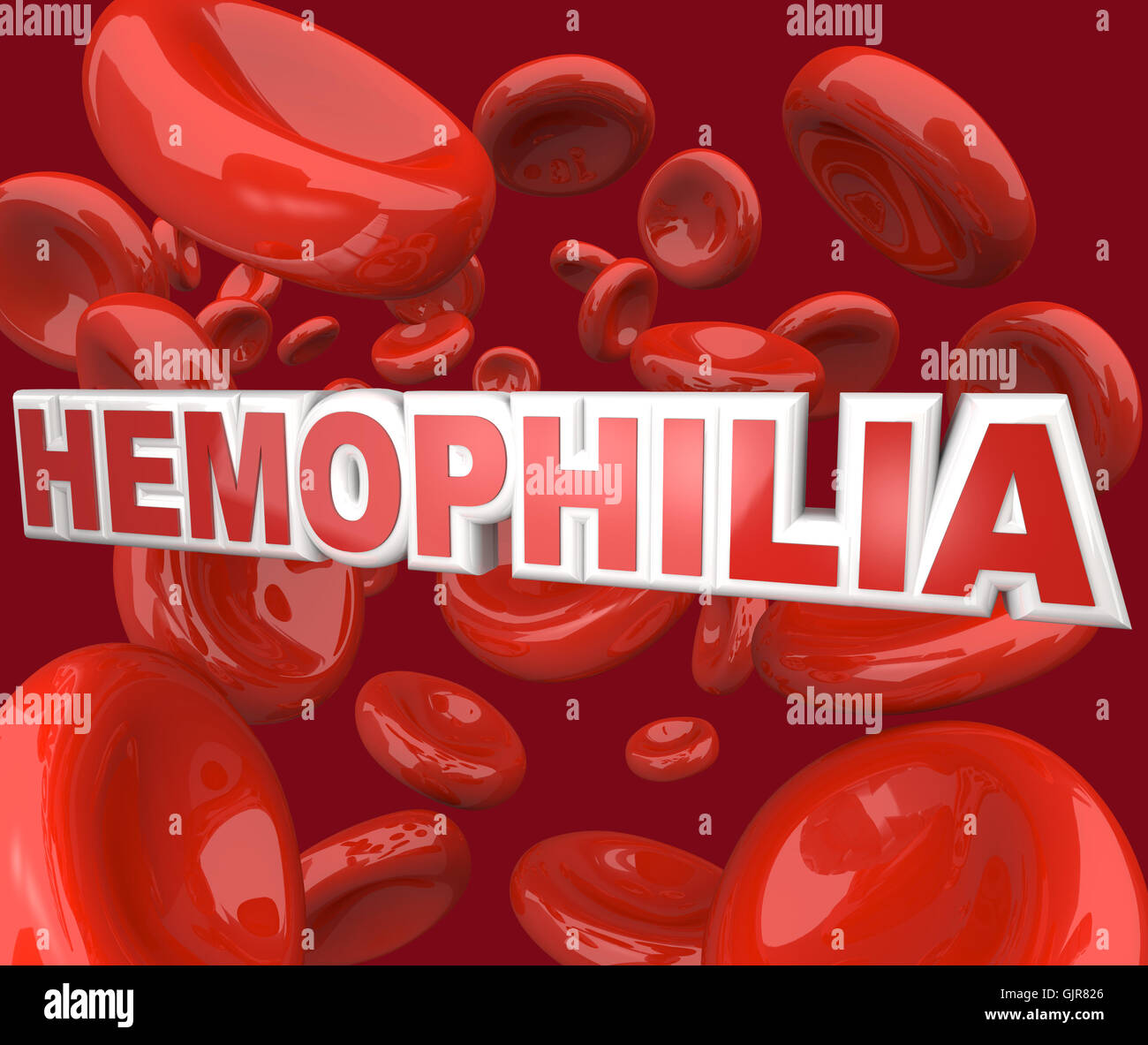 Hemophilia Disorder Disease Word in Blood Stream in Red Cells Stock Photo