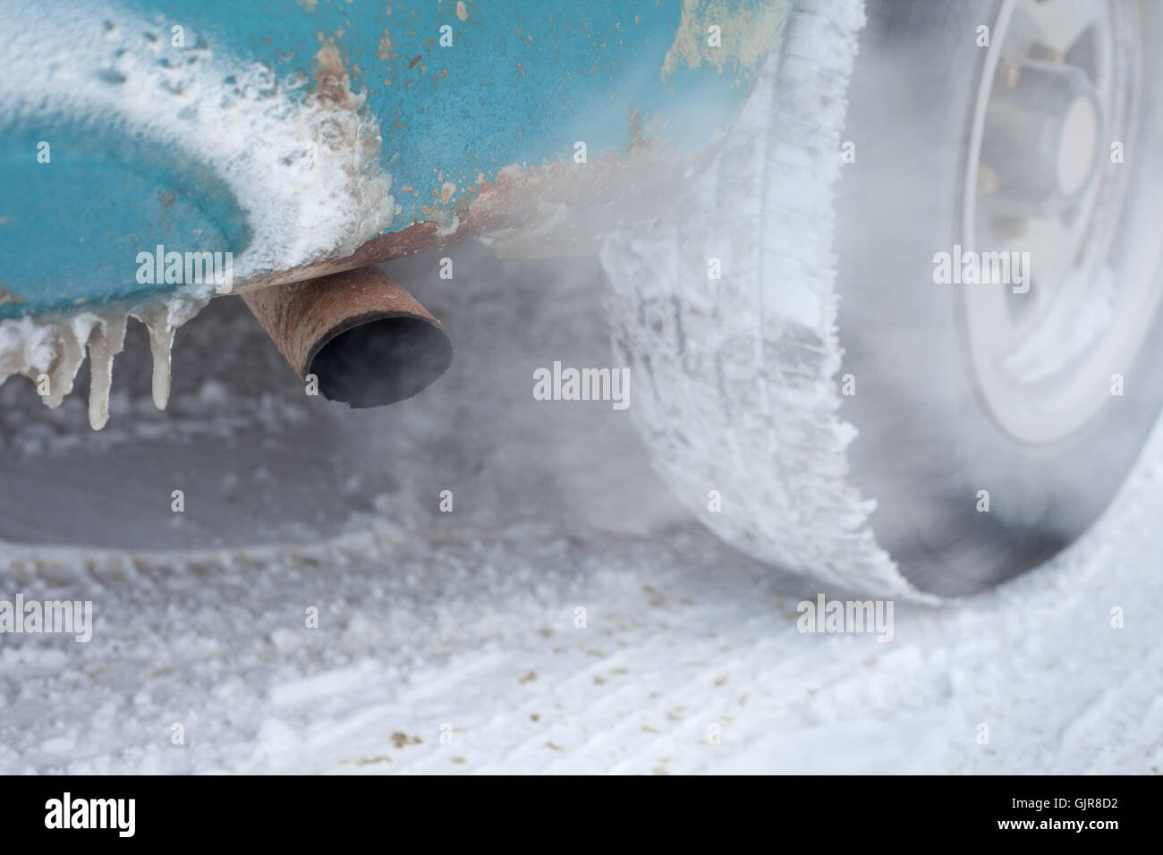 Vehicle exhaust pipe in winter Stock Photo Alamy