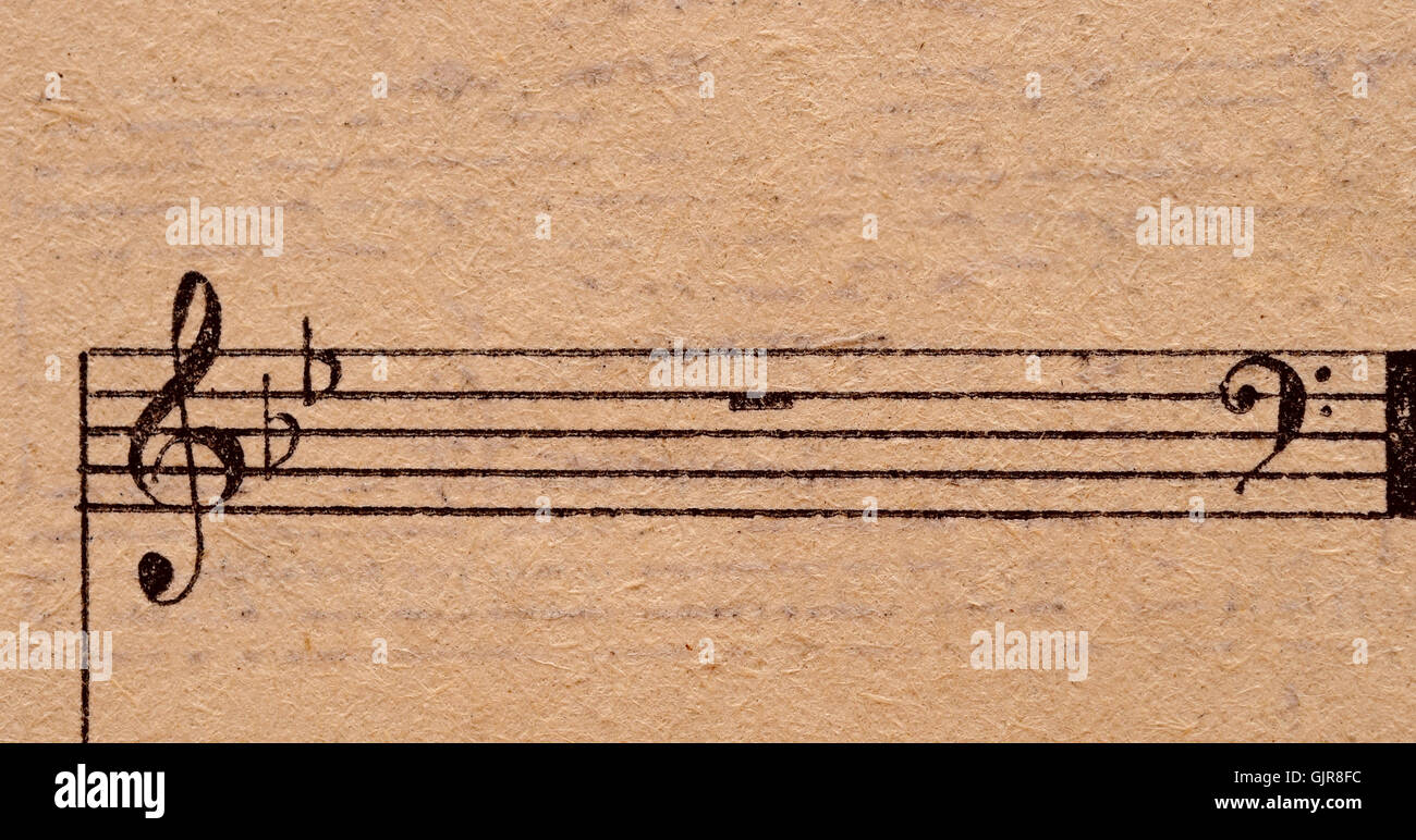 music notes on old paper sheet, to use for the background Stock Photo