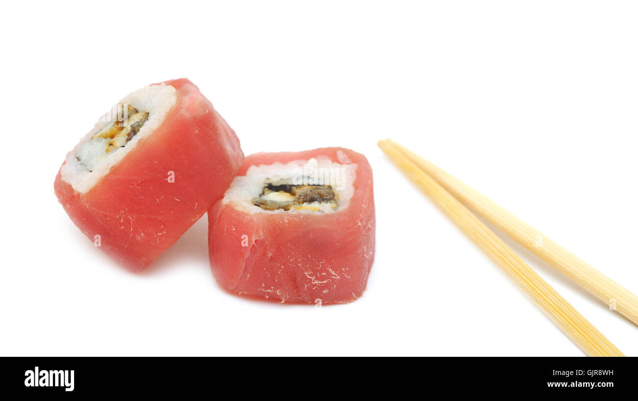 Sushi with chopsticks Stock Photo Alamy