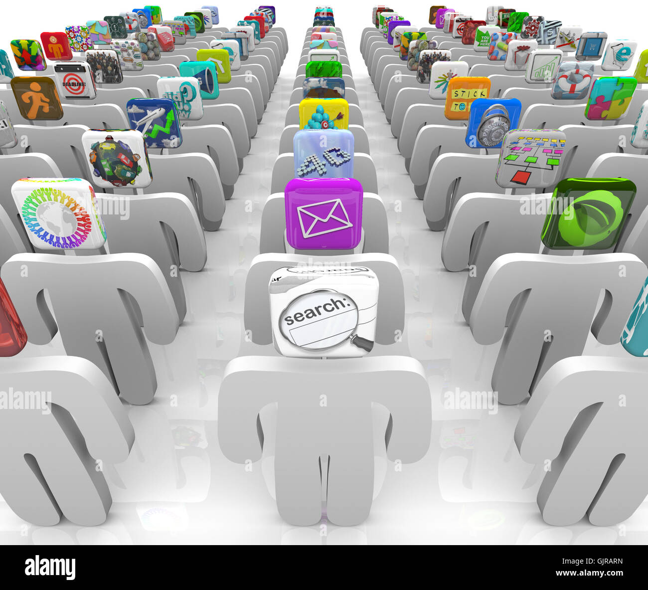 The Apps Marketplace - People with Icon Heads in Rows Stock Photo