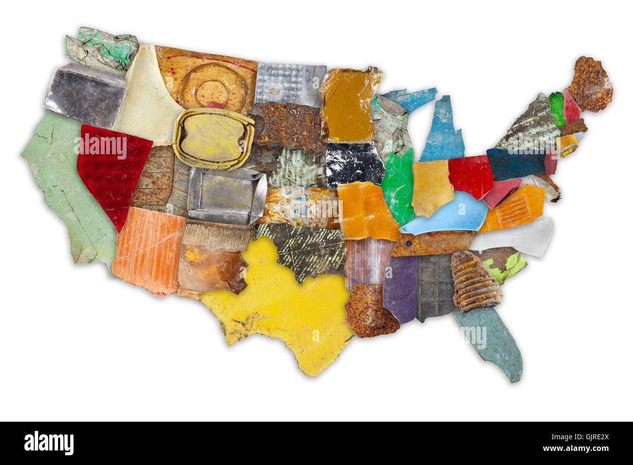 Map of mainland USA made from random pieces of colorful trash Stock Photo