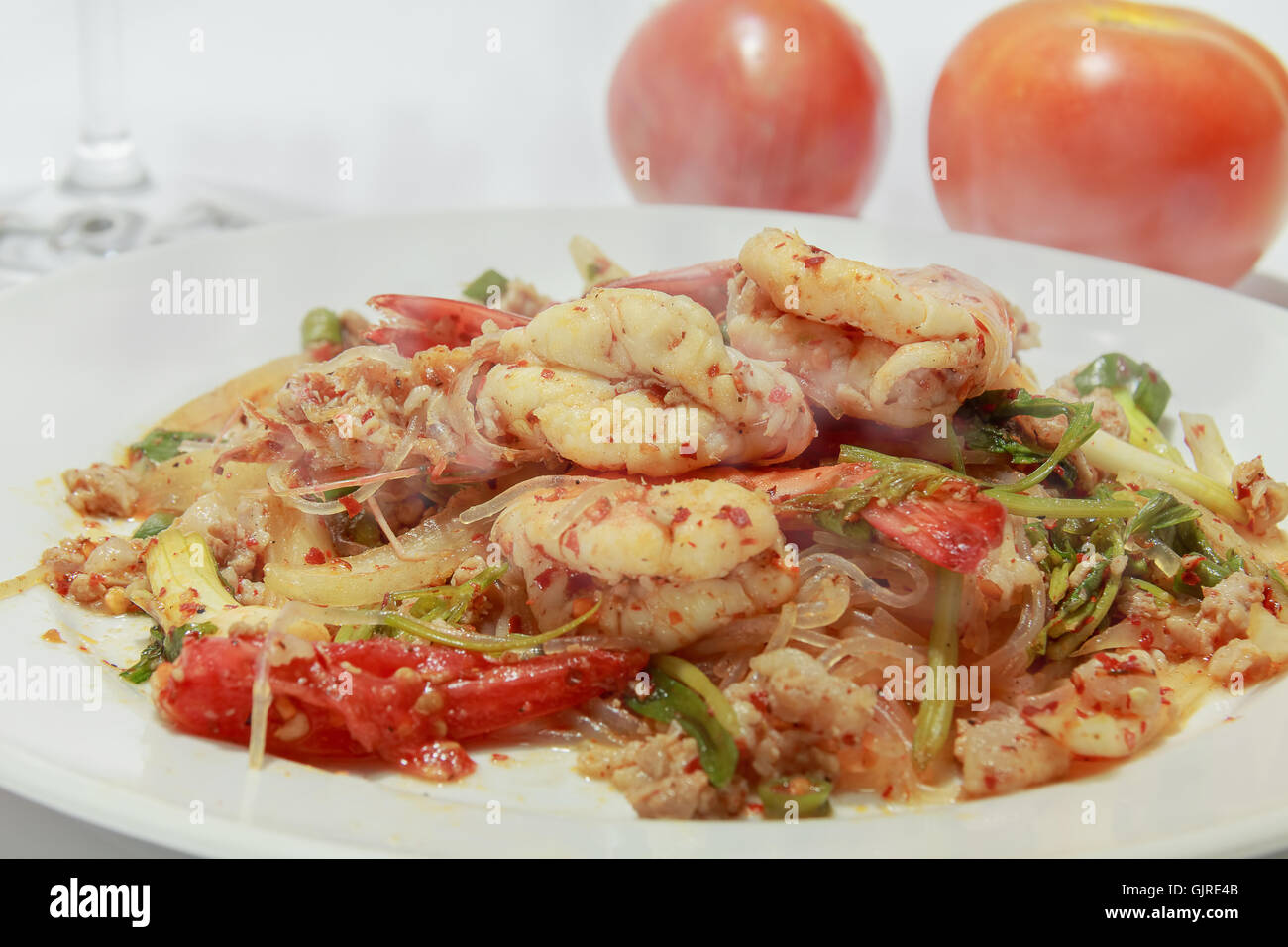 Shrimp vermicelli salad with spicy food grade selected focus. Stock Photo