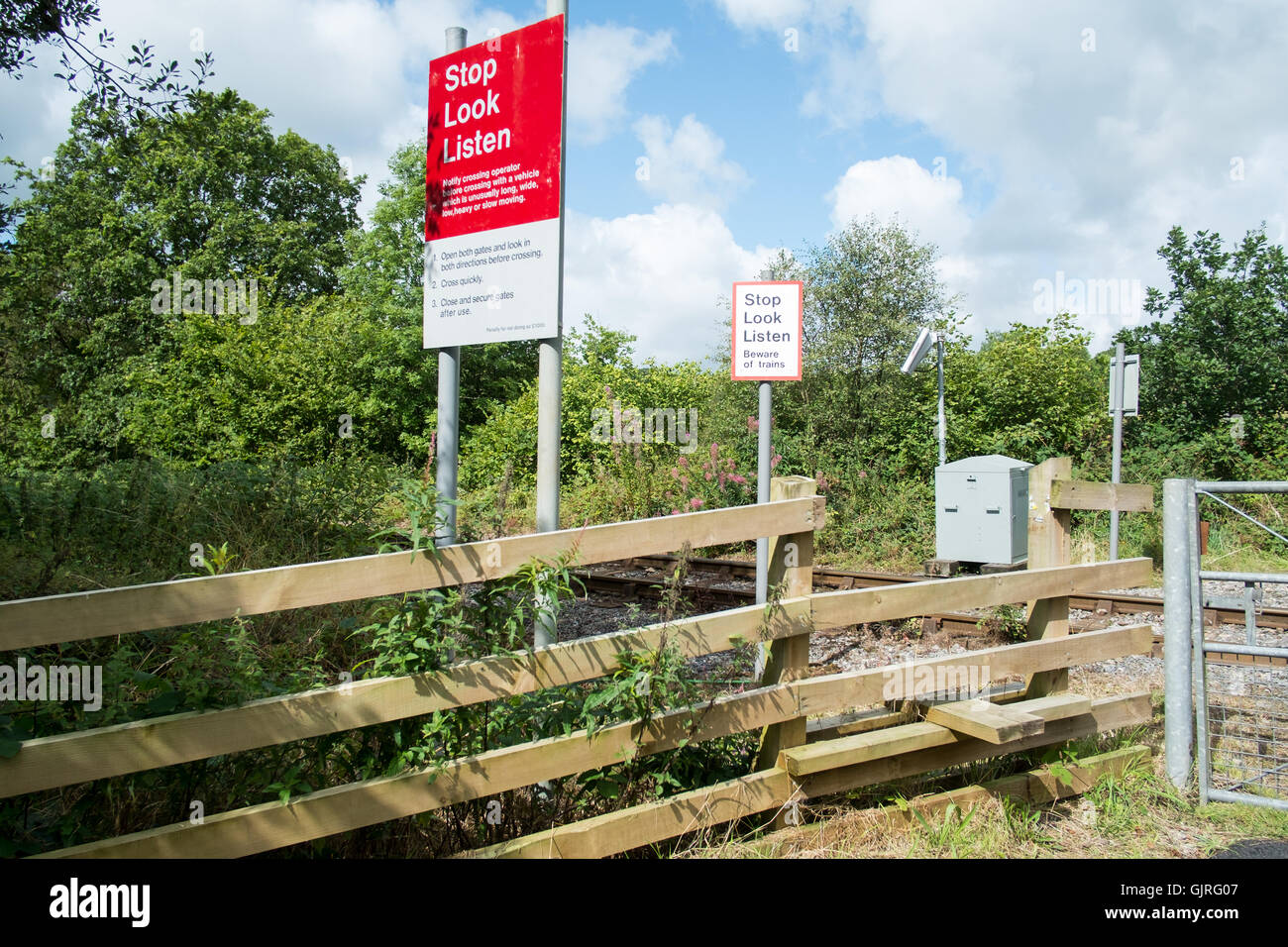 pedestrian railway crossing and warning signs Stock Photo