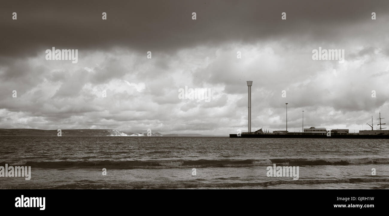 monochrome image of Weymouth bay and the sealife tower Stock Photo