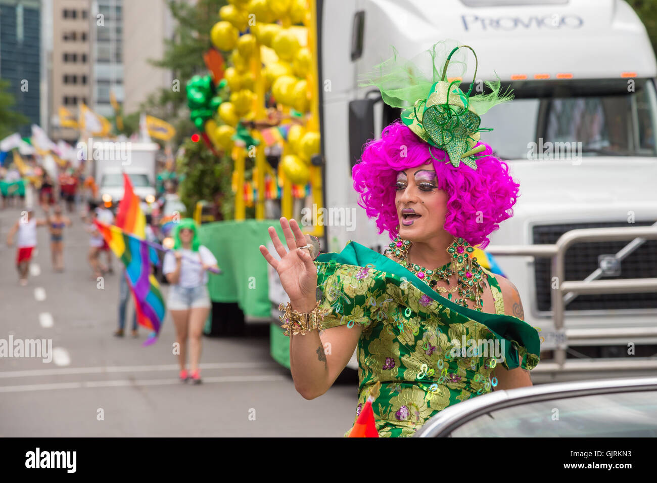Montreal, CA - 14 August 2016: Mado at Montreal Pride Parade. Mado is a famous drag-queen who runs a drag cabaret, Cabaret Mado, Stock Photo