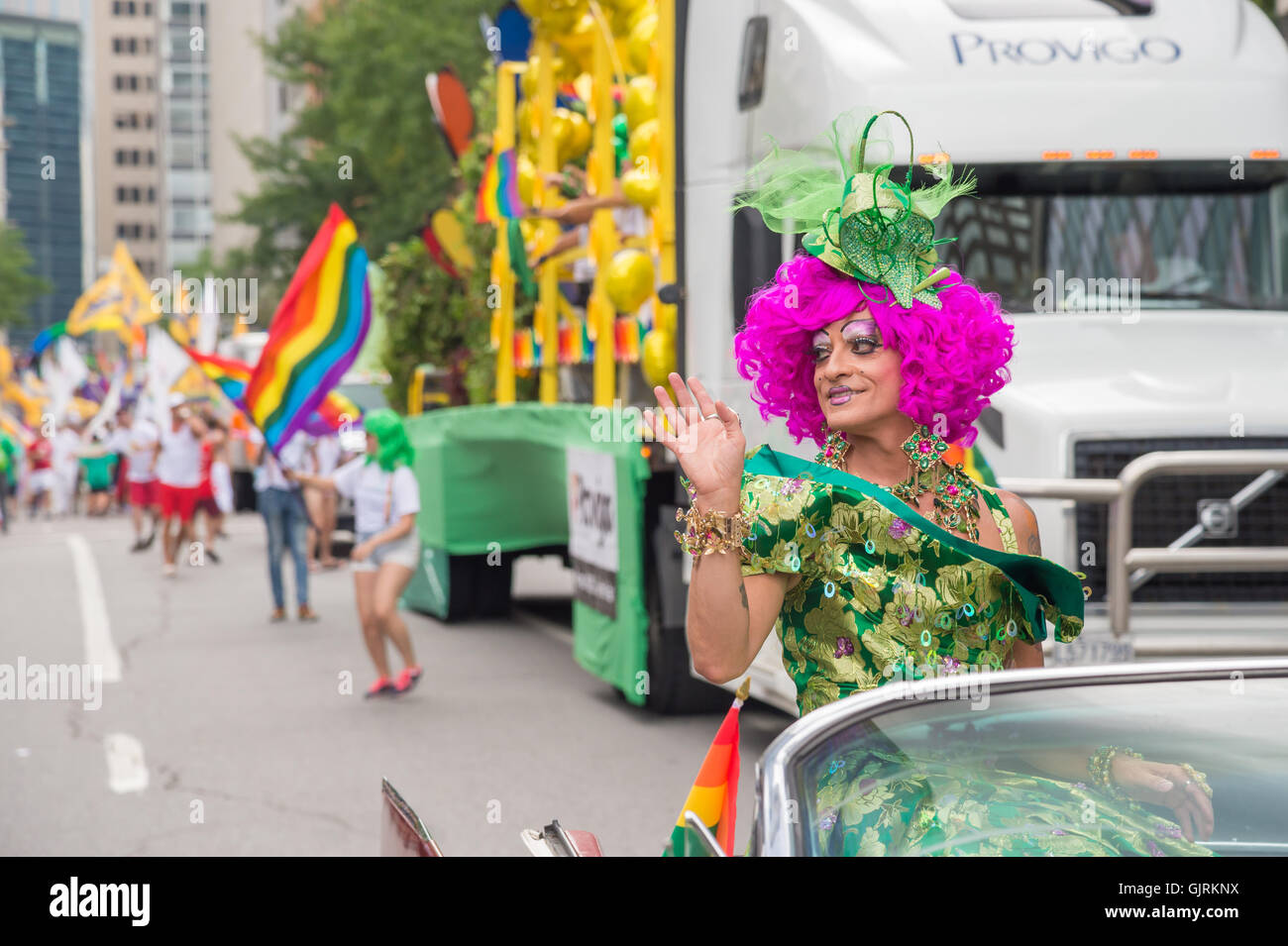 Montreal, CA - 14 August 2016: Mado at Montreal Pride Parade. Mado is a famous drag-queen who runs a drag cabaret, Cabaret Mado, Stock Photo