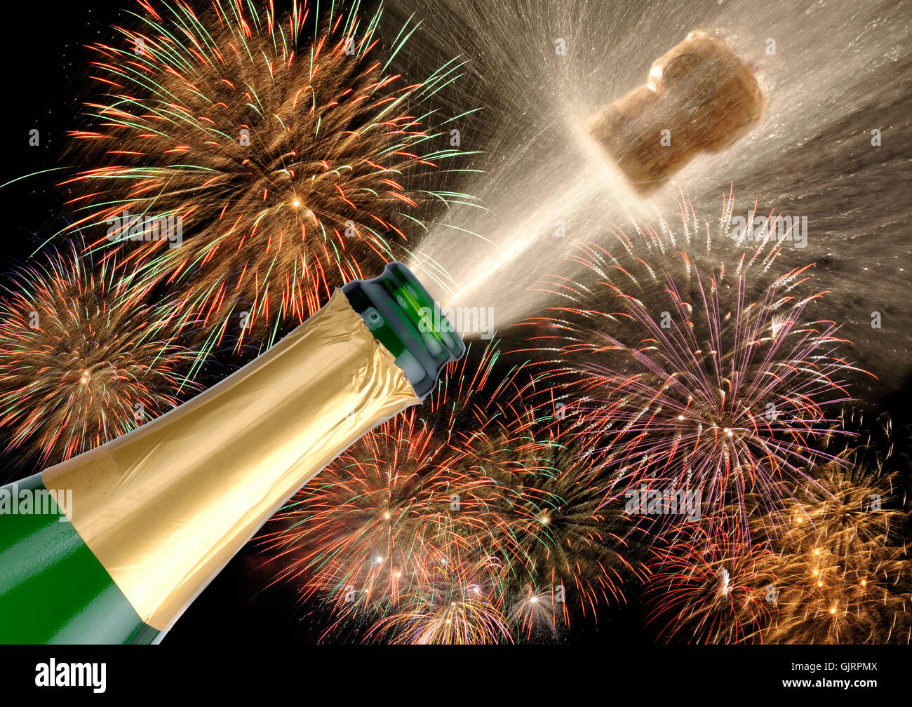 fireworks new year's champagne corks celebration Stock Photo