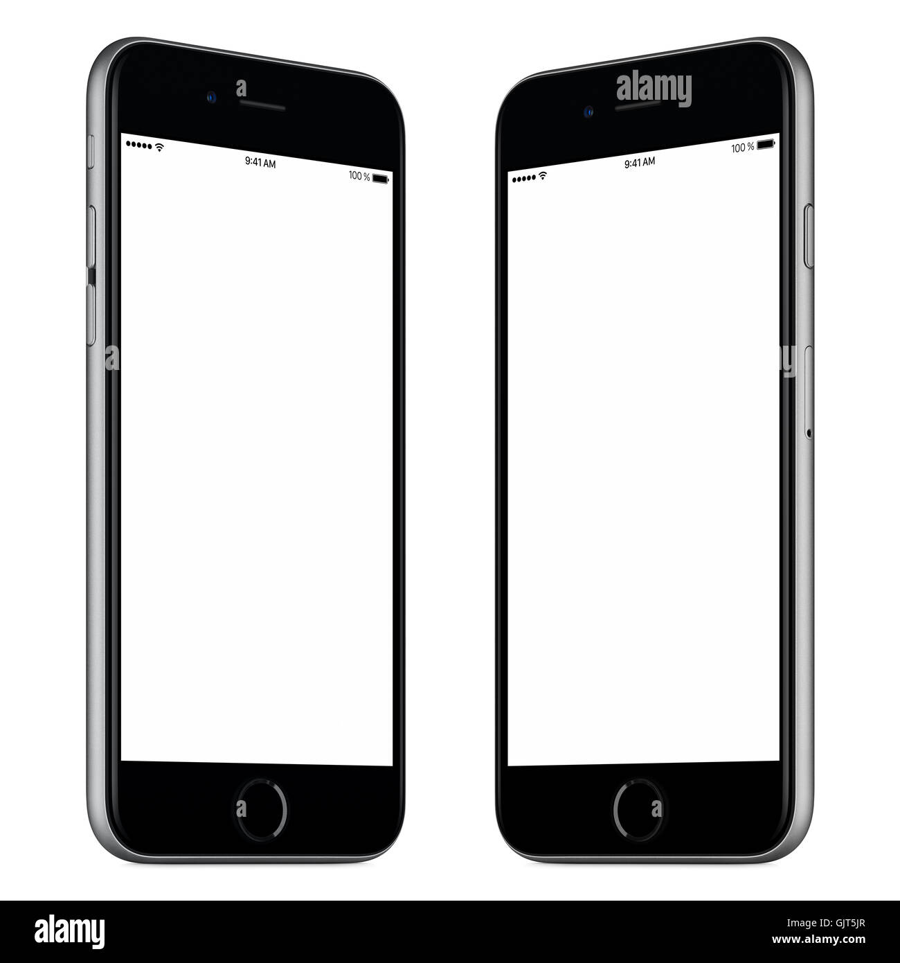 Black mobile smart phone mock-up. This mock-up includes both sides of slightly rotated white smart phone with blank screen Stock Photo