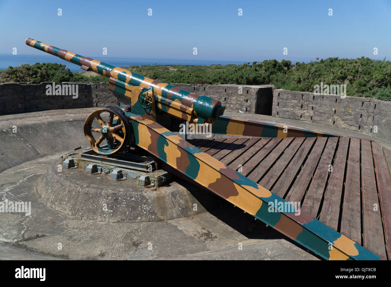 Partially restored Artillery Weapon from the World War II German Occupation of the Channel Islands.Located at Battery Moltke,Les Stock Photo