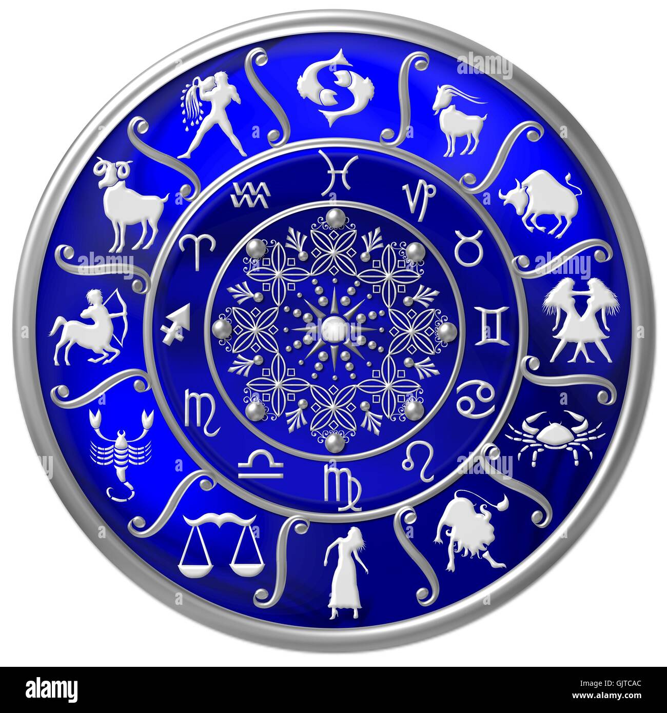 blue horoscope wheel with zodiac symbols Stock Photo