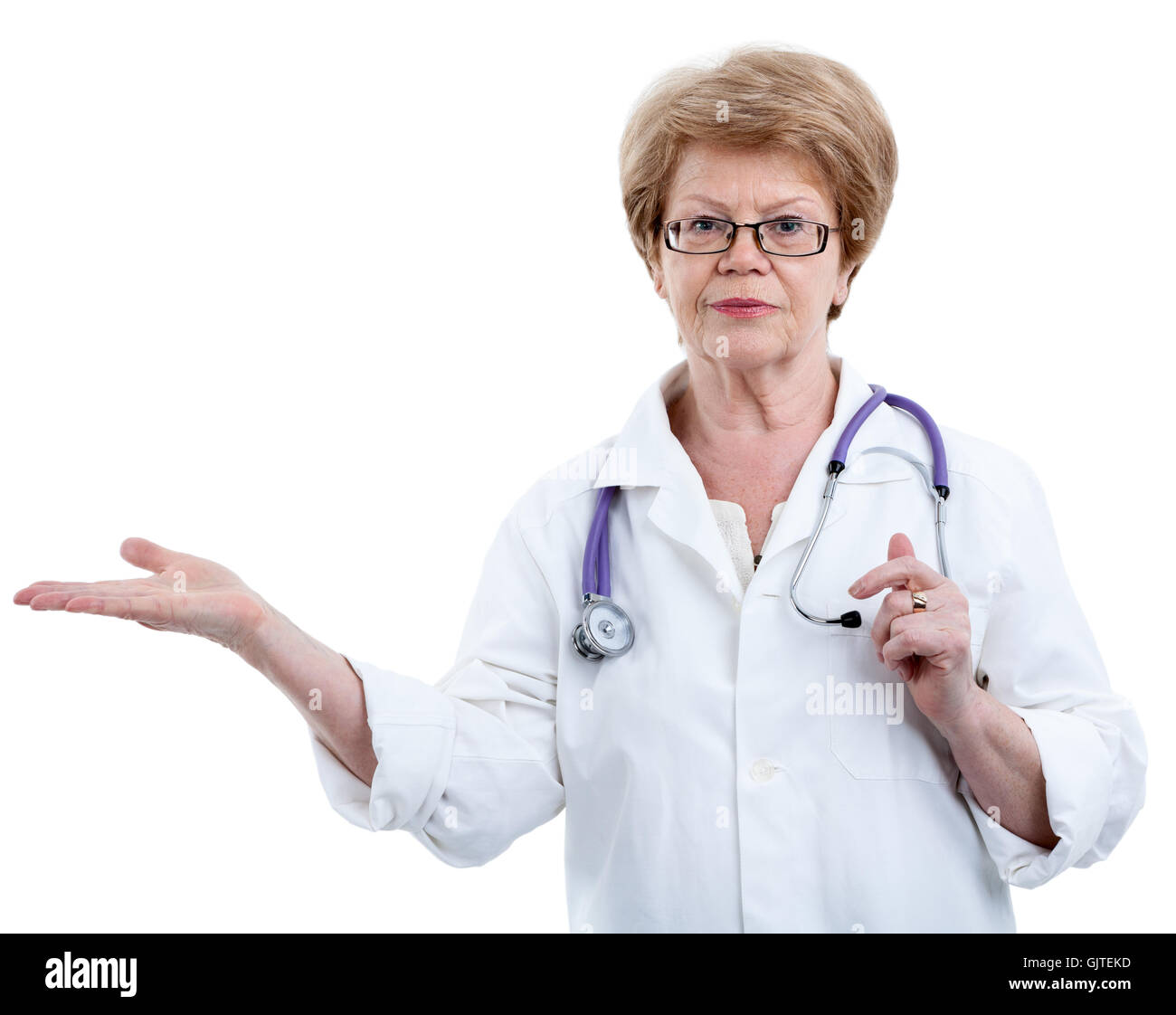 Female doctor showing with stretched arm, isolated on white background