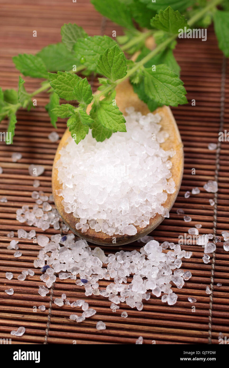 wooden spoon with bath salt Stock Photo Alamy