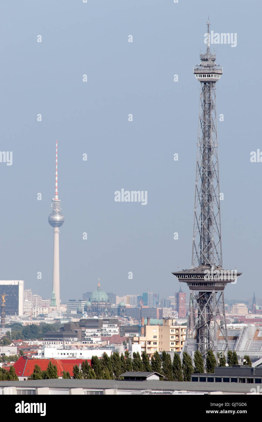 look at the radio tower and tv tower Stock Photo