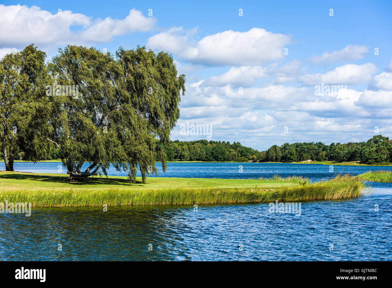 View over the central part of the Swedish coastal city Kalmar looking north over the Fredriksskans canal. Water and nature is in Stock Photo